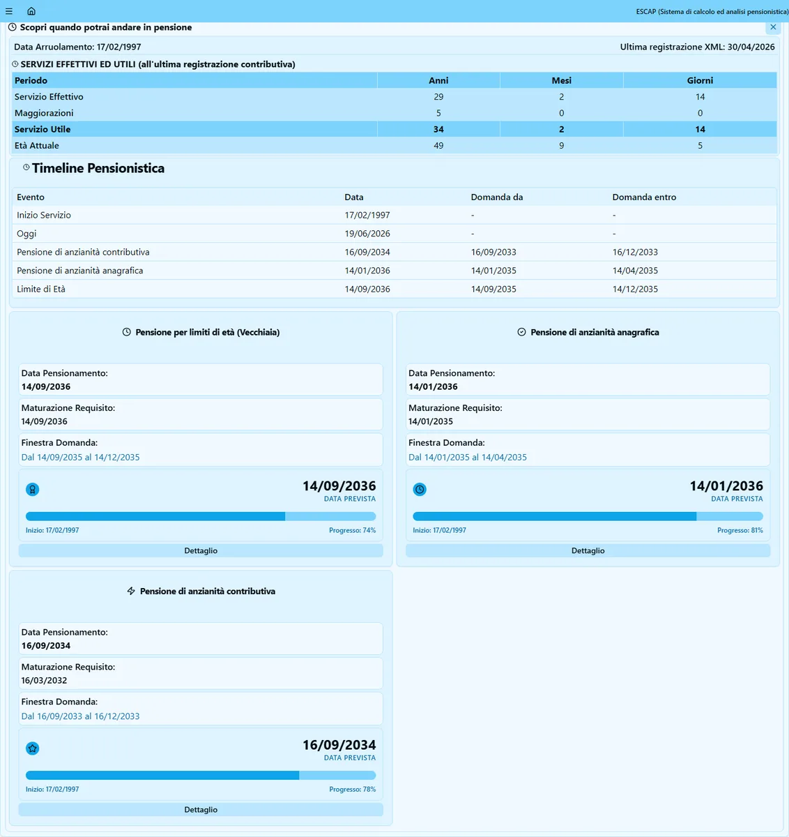 Schermata analisi requisiti pensionistici