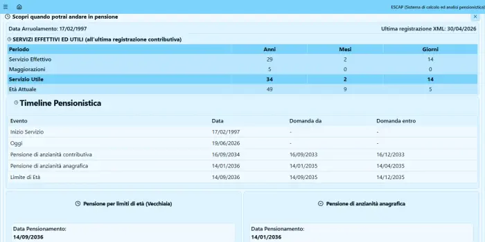 Schermata analisi requisiti pensionistici