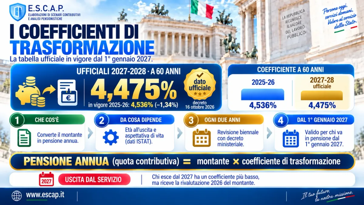 Infografica «I coefficienti di trasformazione»: la tabella ufficiale in vigore dal 1° gennaio 2027, con il coefficiente a 60 anni del 4,475% (decreto del 16 ottobre 2026) a confronto con il 4,536% del 2025-2026, e la formula pensione annua della quota contributiva = montante × coefficiente di trasformazione