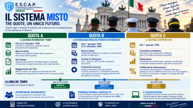 Le quote A, B e C del sistema misto su una linea del tempo: Quota A retributiva fino al 31/12/1992, Quota B sulla retribuzione media dal 1/1/1993 al 31/12/1995, Quota C contributiva dal 1/1/1996