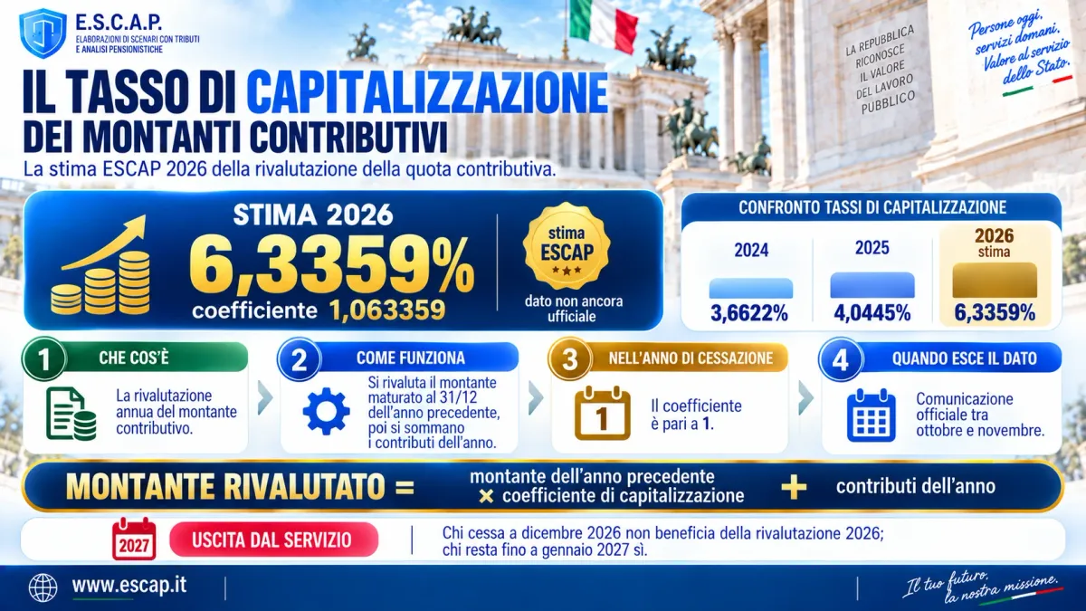 Infografica «Il tasso di capitalizzazione dei montanti contributivi»: stima ESCAP 2026 al 6,3359% (coefficiente 1,063359, dato non ancora ufficiale) a confronto con il 3,6622% del 2024 e il 4,0445% del 2025, e la formula montante rivalutato = montante dell'anno precedente × coefficiente + contributi dell'anno