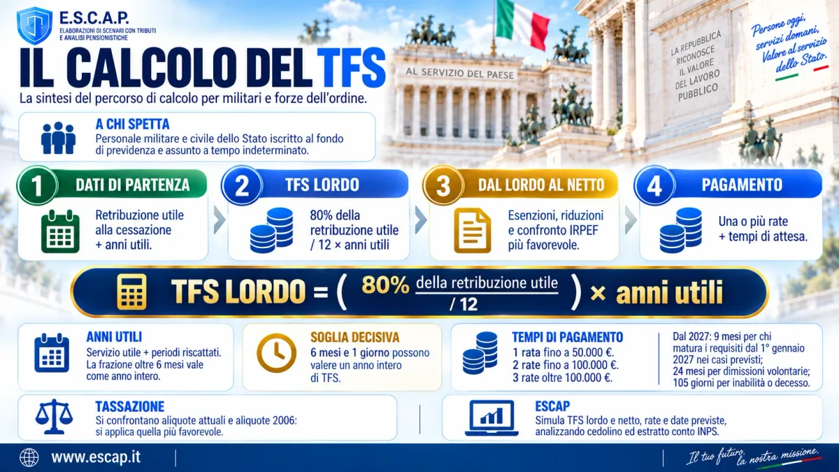Infografica «Il calcolo del TFS» per militari e forze dell'ordine: dati di partenza, TFS lordo, dal lordo al netto e pagamento, con la formula TFS lordo = (80% della retribuzione utile / 12) × anni utili